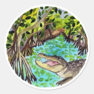 Sticker Rond Everglades Aquarelle Crocodile Alligator Floride