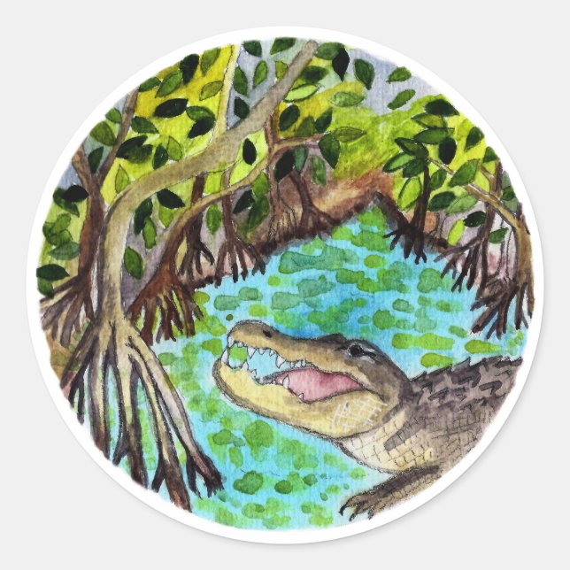 Sticker Rond Everglades Watercolor Crocodile Alligator Florida (Devant)
