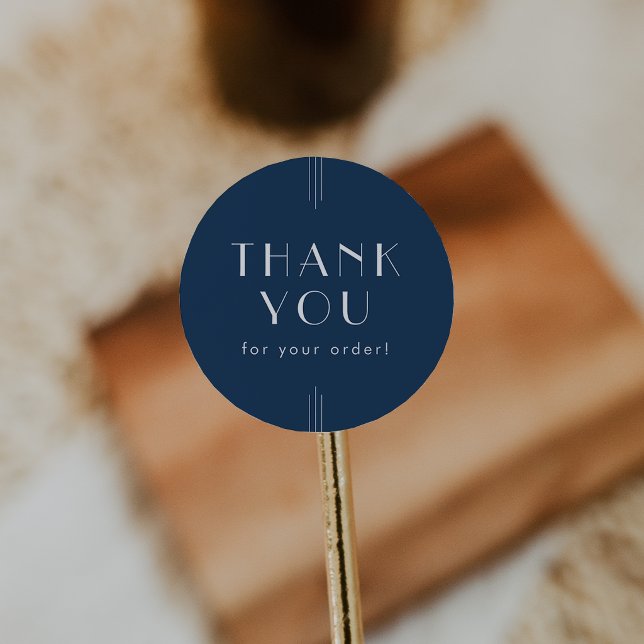 Sticker Rond EVERLY Art déco Bleu Nuit Merci pour votre command (EVERLY Art Deco Navy Blue Thank You For Your Order Classic Round Sticker)