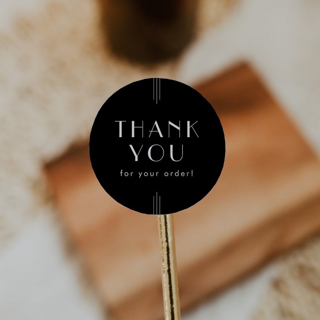 Sticker Rond EVERLY Art Déco Noir Merci pour votre commande (EVERLY Art Deco Black Thank You For Your Order Classic Round Sticker)