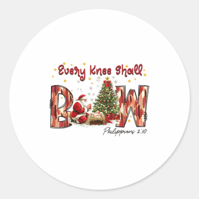 Sticker Rond Every Knee Shall Bow Santa And Baby Jesus  (Devant)