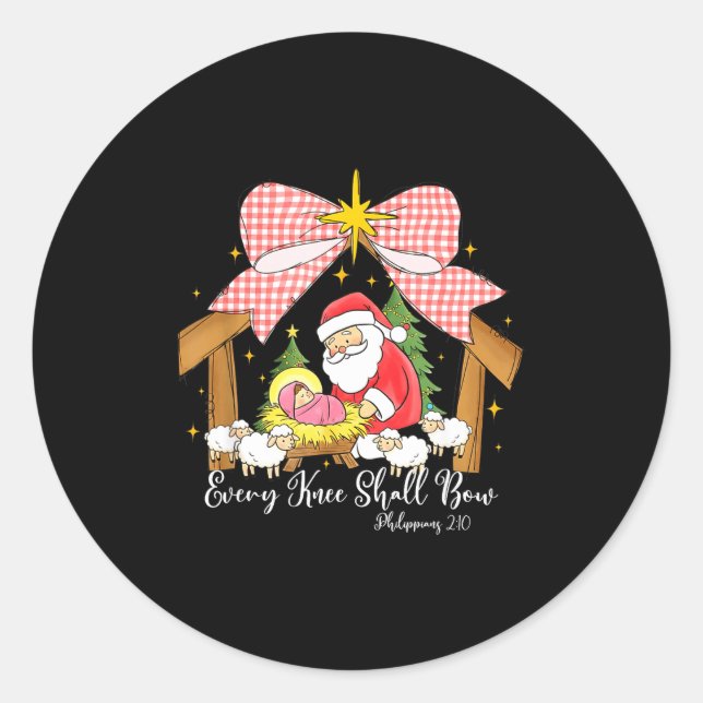 Sticker Rond Every Knee Shall Bow Santa Christmas Nativity Scen (Devant)