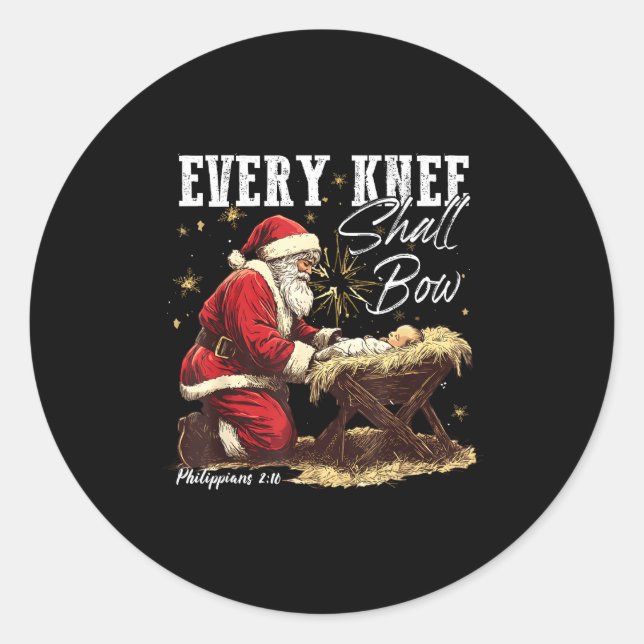 Sticker Rond Every Knee Shall Bow Santa Christmas Nativity Scen (Devant)