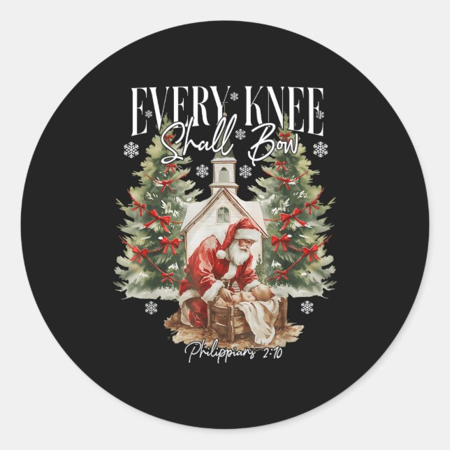 Sticker Rond Every Knee Shall Bow Santa Christmas Nativity Scen (Devant)
