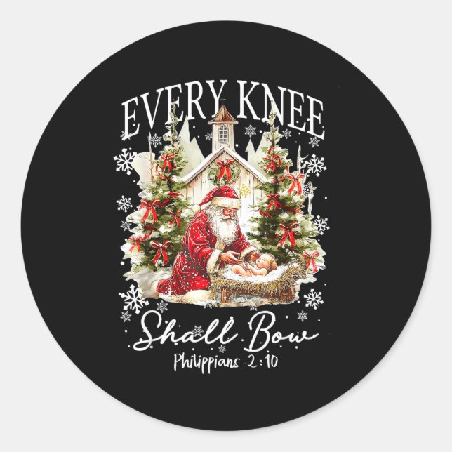Sticker Rond Every Knee Shall Bow Santa Christmas Nativity Scen (Devant)