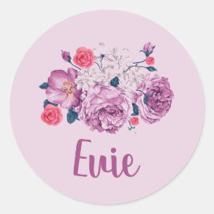 Sticker Rond Evie Nom Floral Fille Fleur Personnalisé Vintage
