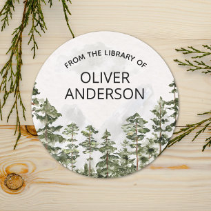 Sticker Rond Ex-libris aquarelle personnalisé de la forêt de pi