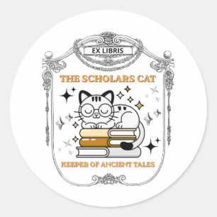 Sticker Rond Ex Libris Chat Scolaire Dark Academia Vintage Book