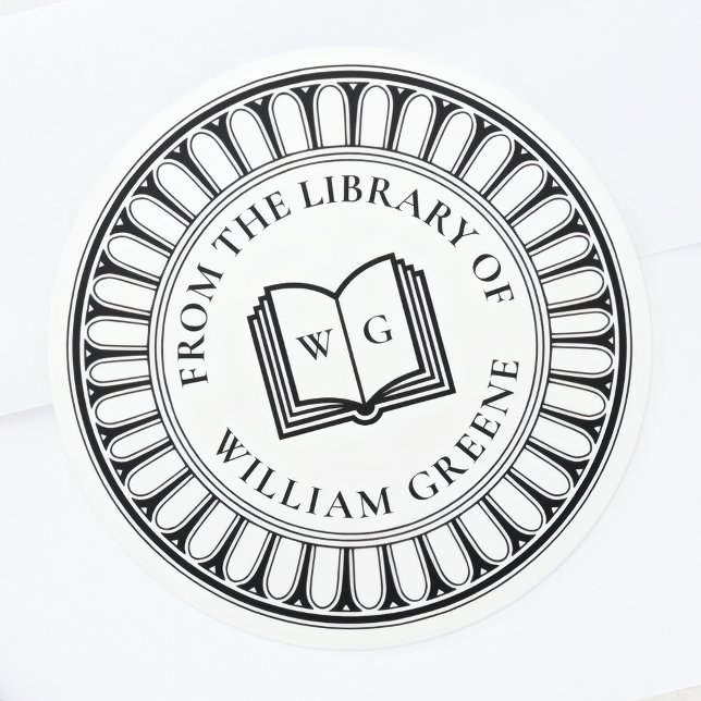 Sticker Rond Ex Libris Classique Monogramme Livre Ouvert (Créateur téléchargé)