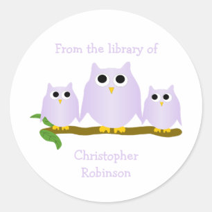 Sticker Rond Ex-libris de conception de hiboux lilas