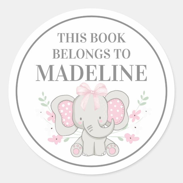 Sticker Rond Ex-libris éléphant gris rose mignon à pois (Devant)