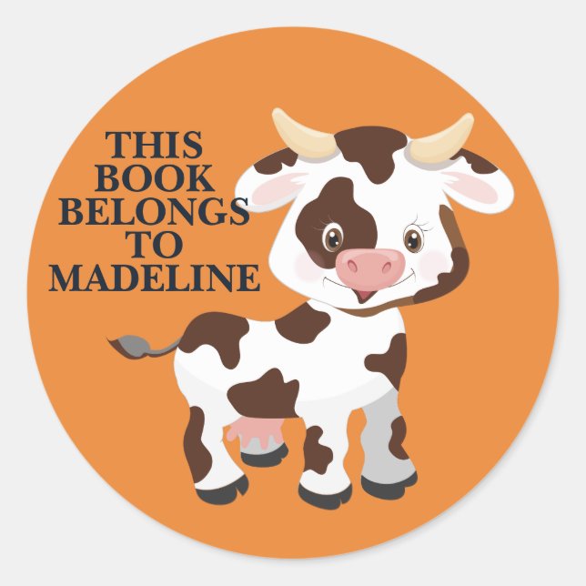 Sticker Rond Ex-libris enfant orange vache mignonne (Devant)