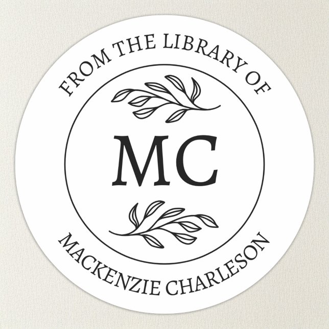 Sticker Rond Ex-libris personnalisé avec monogramme de biblioth (From the Library of - personalized monogram initials with custom text and name book lovers bookplate)