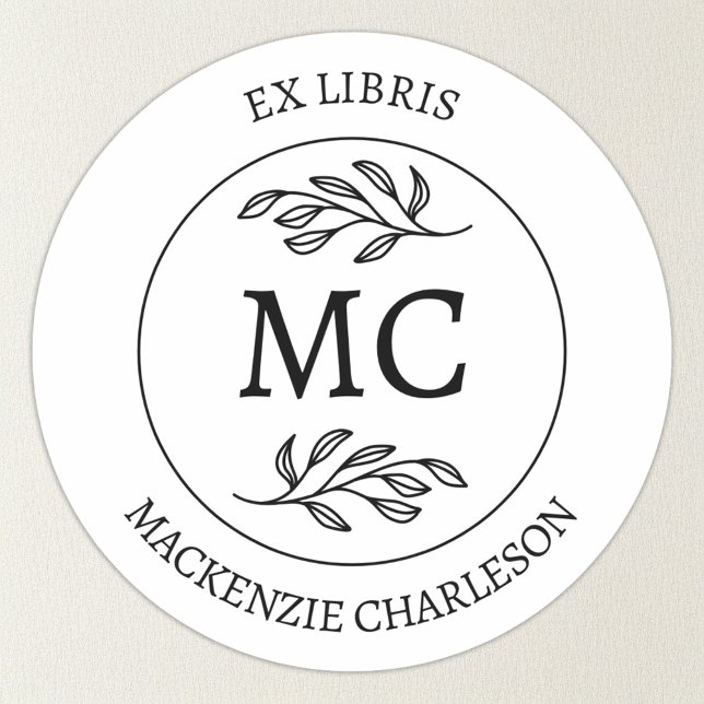 Sticker Rond Ex Libris personnalisé avec monogramme de plaque d (Botanical Leaf classical monogram initial personalized Ex Libris from the library of sticker)