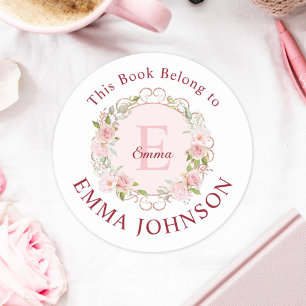 Sticker Rond Ex-libris Rose Rose Monogramme Rose à qui appartie