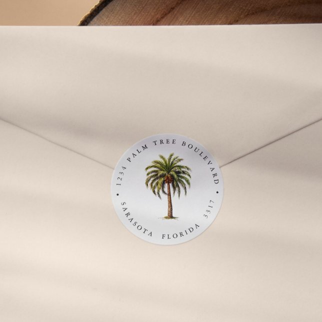 Sticker Rond EXOTIC TROPICAL PALM TREE ISLAND Adresse de retour (ELEGAND ISLAND CHIC PALM TREE WATERCOLOR RETURN ADDRESS LABEL TO SEAL YOUR MAILING WITH STYLE)