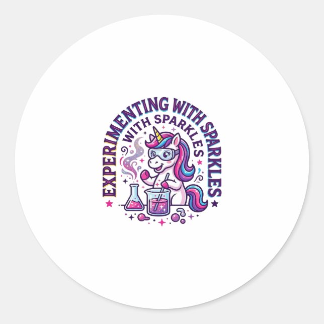 Sticker Rond Expérience de licorne avec publicité de paillettes (Devant)