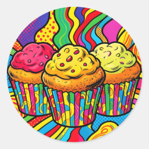 Sticker Rond Explosion de cupcakes arc-en-ciel Pop Art