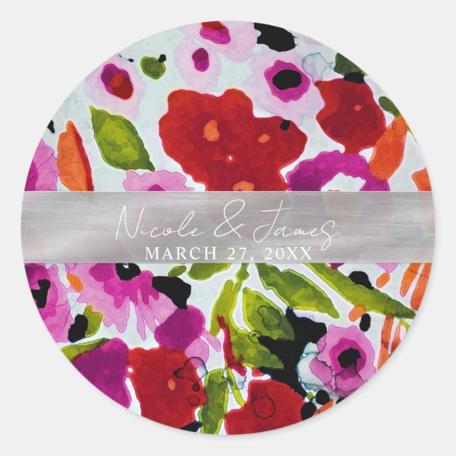Sticker Rond Explosion de fleurs aquarelles de couleur vive (Devant)