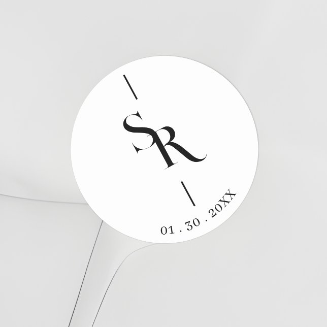 Sticker Rond Exquisite Minimalist Black & White Initials (Exquisite Minimalist Black & White Wedding Initials Classic Round Sticker. )