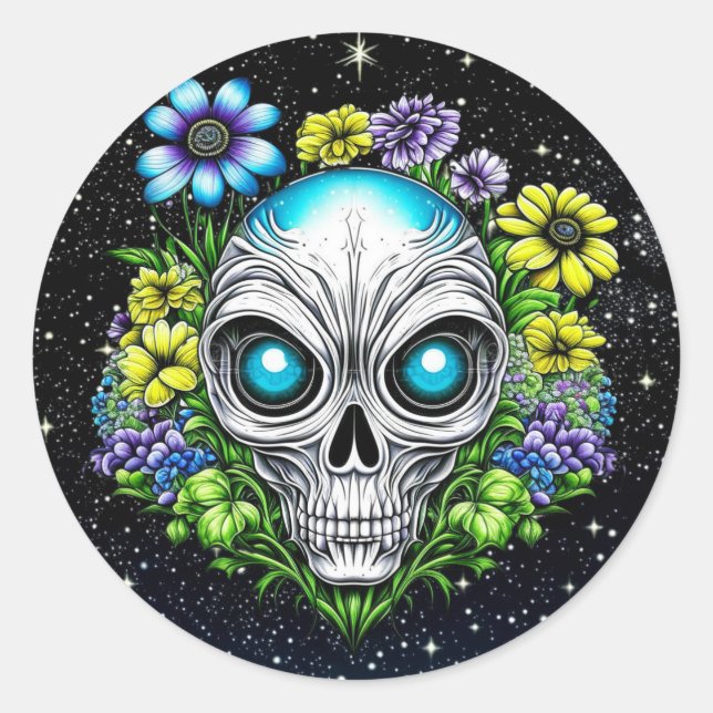 Sticker Rond Extraterrestre Alien avec yeux et fleurs bleus (Devant)