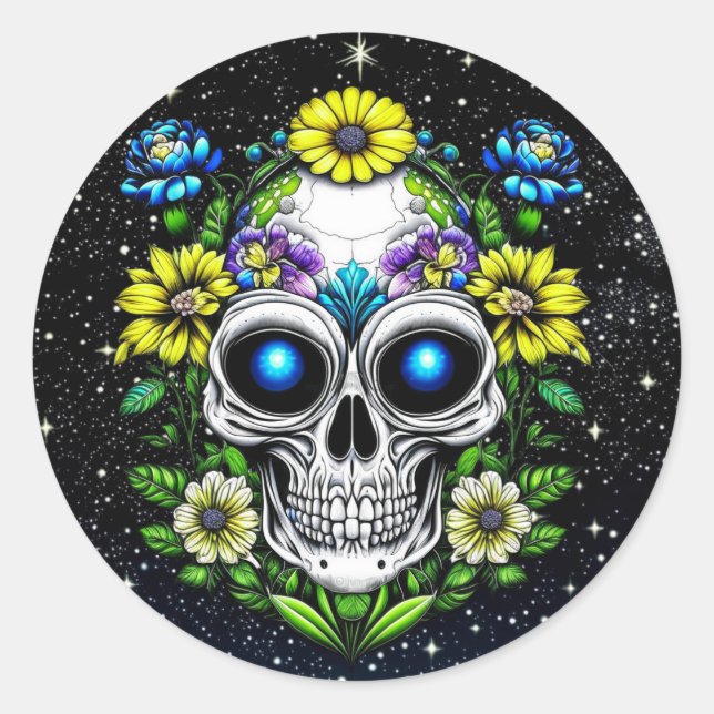 Sticker Rond Extraterrestre Alien avec yeux et fleurs bleus (Devant)