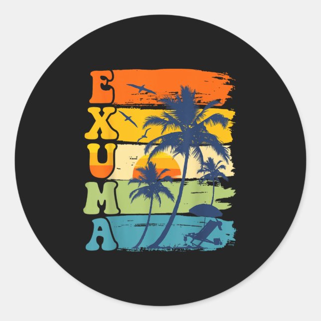 Sticker Rond Exuma Bahamas Retro Palm Tree Beach Vacatio été (Devant)