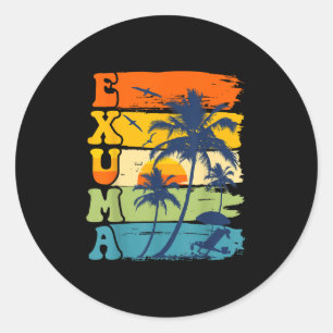 Sticker Rond Exuma Bahamas Retro Palm Tree Beach Vacatio été
