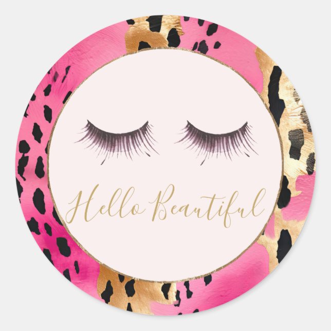 Sticker Rond Eyelashes rose Glam Leopard or (Devant)