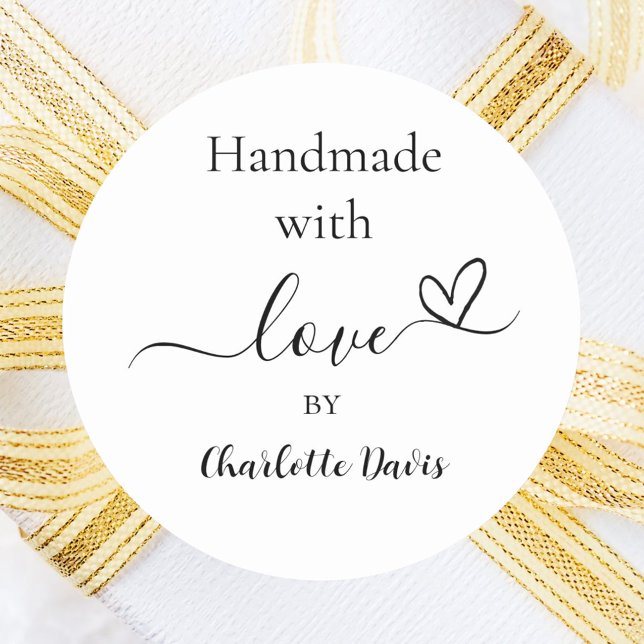 Sticker Rond Fabriqué à la main avec amour noir nom blanc (Créateur téléchargé)