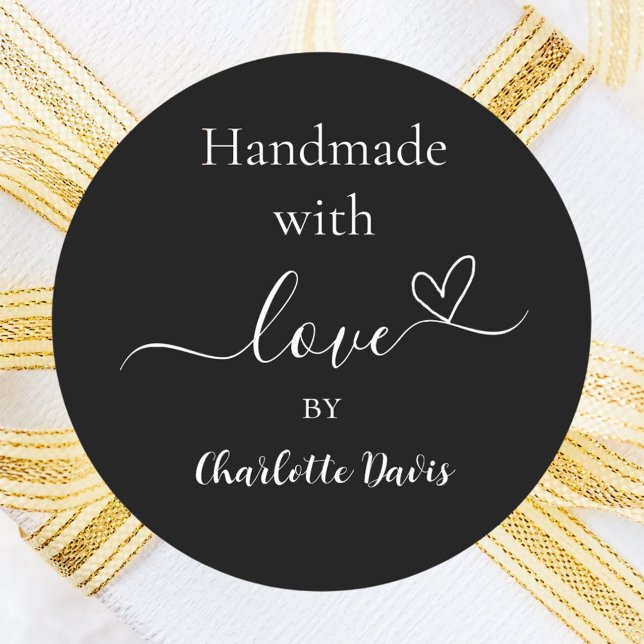 Sticker Rond Fabriqué à la main avec amour noir nom blanc (Créateur téléchargé)