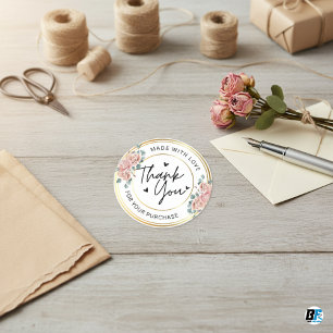 Sticker Rond Fabriqué à la main avec amour nom de coeur Merci