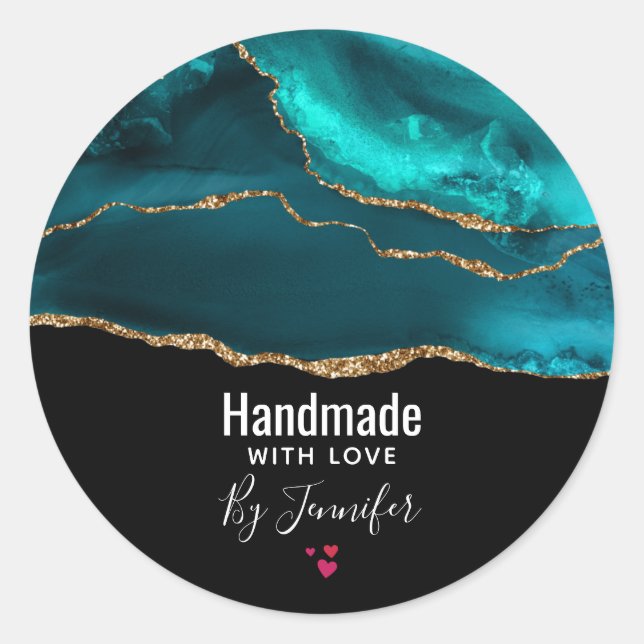 Sticker Rond Fabriqué à la main avec amour Turquoise moderne Ag (Devant)