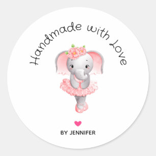 Sticker Rond Fabriqué à la main avec l'amour mignon Eléphant ro