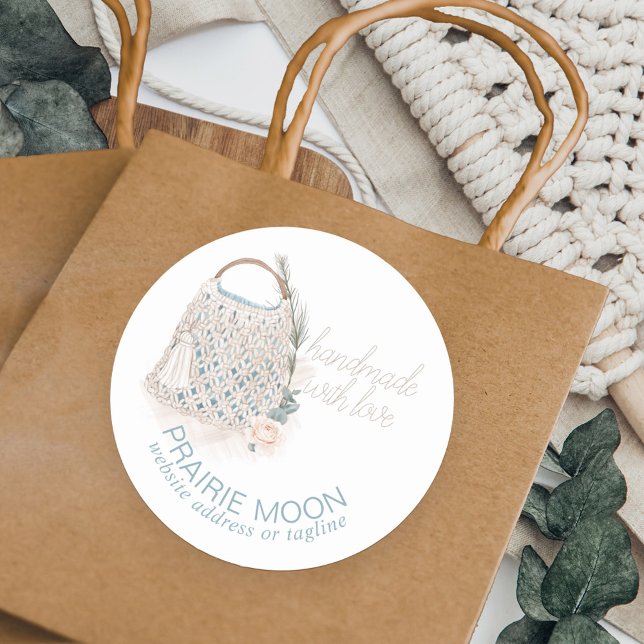 Sticker Rond Fabriqué à la main avec l'Aquarelle d'amour Sac de (Handmade with Love small business packaging stickers with boutique boho crochet macrame bag)