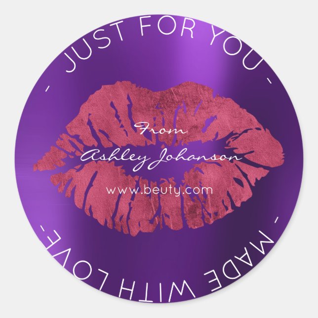 Sticker Rond Fabriqué Avec Amour Améthyste Lèvres De Maquillage (Devant)