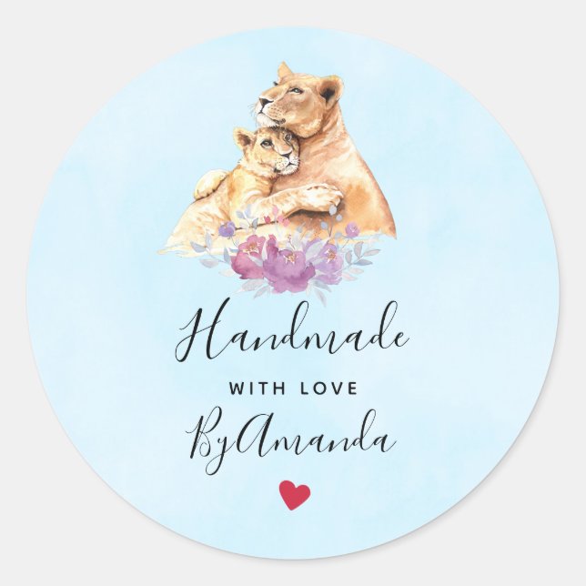 Sticker Rond Fabriqué avec amour Aquarelle mignonne Mère Lion & (Devant)