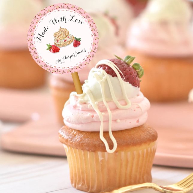 Sticker Rond Fabriqué Avec Amour Aquarelle Pâtisserie fraise Pu (Créateur téléchargé)