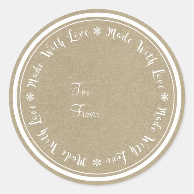 Sticker Rond Fabriqué avec Amour Artisanal Kraft Rustique Noël (Devant)