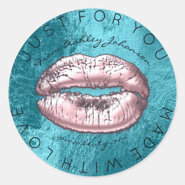 Sticker Rond Fabriqué Avec Amour Baiser Rose Turqoise Lips De M (Devant)