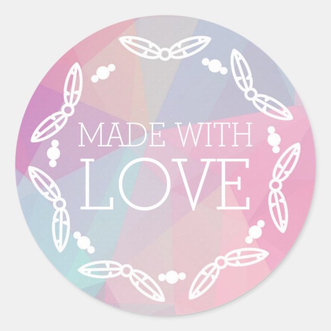 Sticker Rond Fabriqué Avec Amour Boho Chic Plumes Pastel Géomét (Devant)