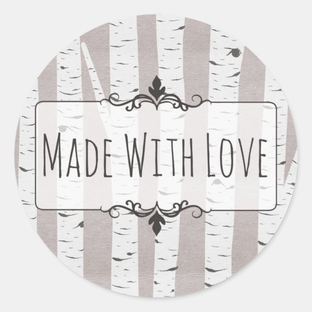 Sticker Rond Fabriqué Avec Amour Bois de Bouleau Rustique Arbre (Devant)