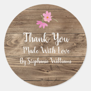 Sticker Rond Fabriqué avec amour   Bois de grange et floral ros