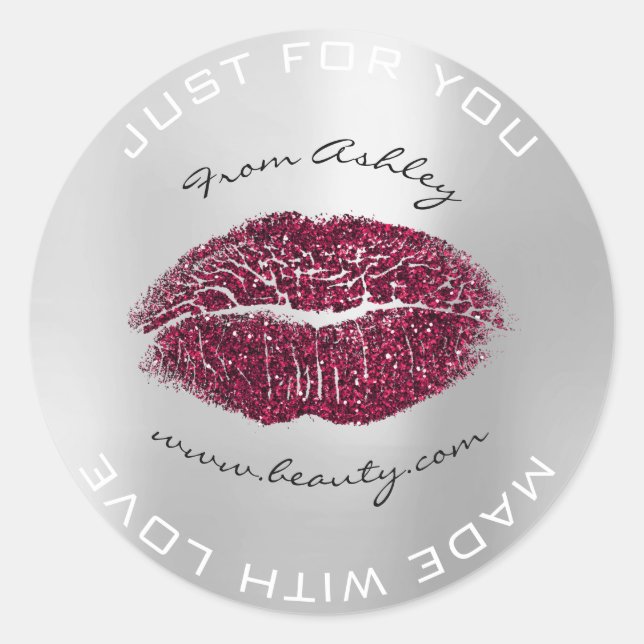 Sticker Rond Fabriqué Avec Amour Burgund Metal Grey Lips Kiss (Devant)