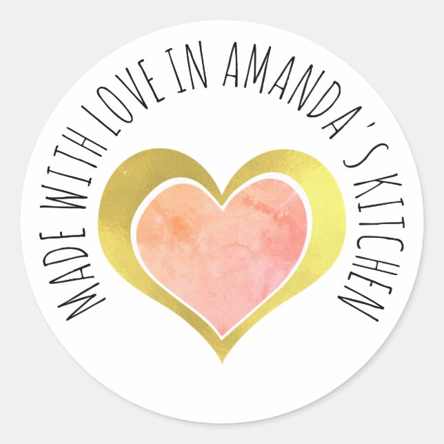 Sticker Rond Fabriqué avec amour Coeur d'or rose (Devant)