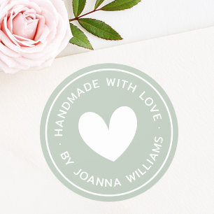 Sticker Rond Fabriqué avec amour cœur nom vert poussiéreux