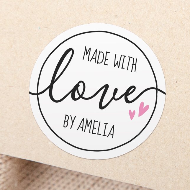 Sticker Rond Fabriqué avec amour coeur rose nom personnalisé (Créateur téléchargé)