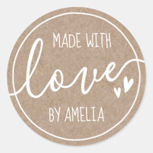 Sticker Rond Fabriqué avec amour des coeurs de nom personnalis