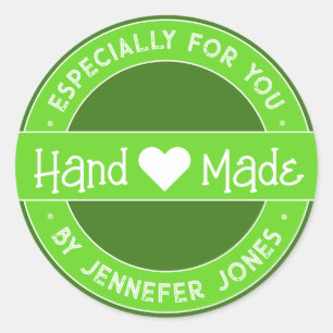 Sticker Rond Fabriqué Avec Amour Et Vert, Particulièrement Pour