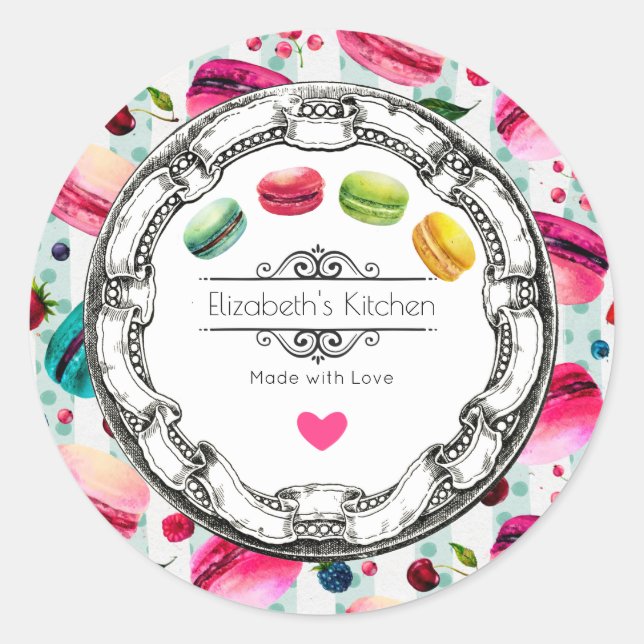 Sticker Rond Fabriqué Avec Amour Macarons Pâtisserie Cuisine Cu (Devant)